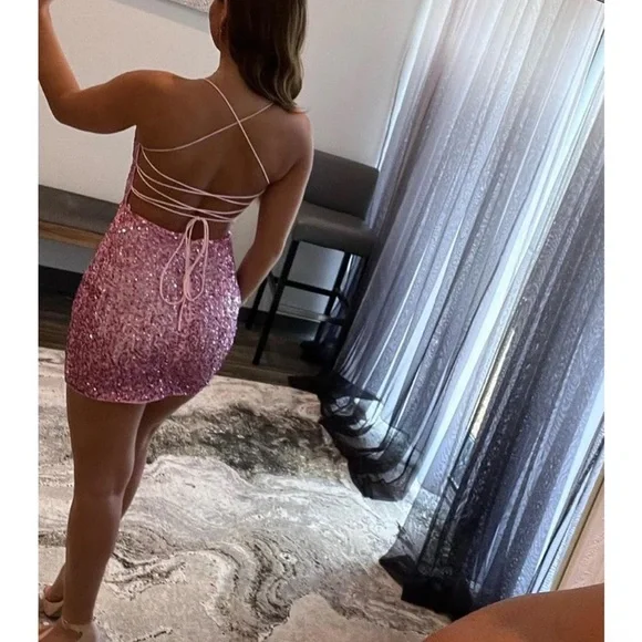 Pink sequined homecoming dress or banquet dress. - Picture 8 of 9